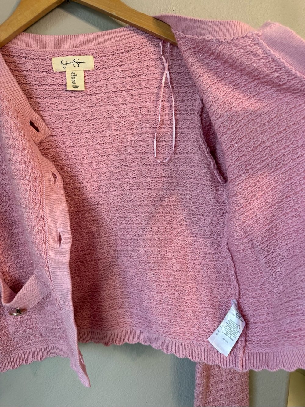 Jessica Simpson Pink Tweed Knit Cropped Button Up Sweater Women’s Size Small - Picture 6 of 7